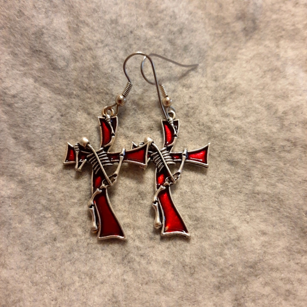 Skeleton climbing cross Red enemal Earrings